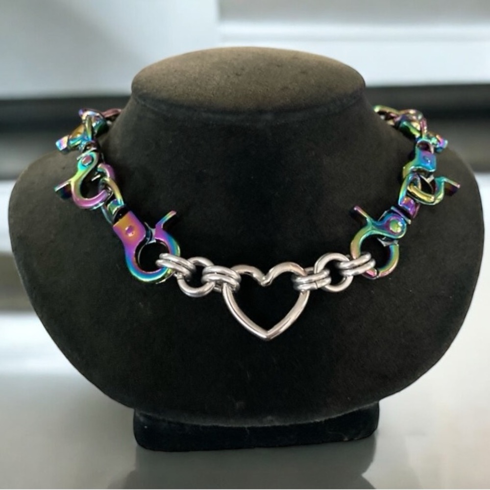 Stainless steel heart choker rainbow clasps goth punk emo chain necklace - Picture 2 of 12